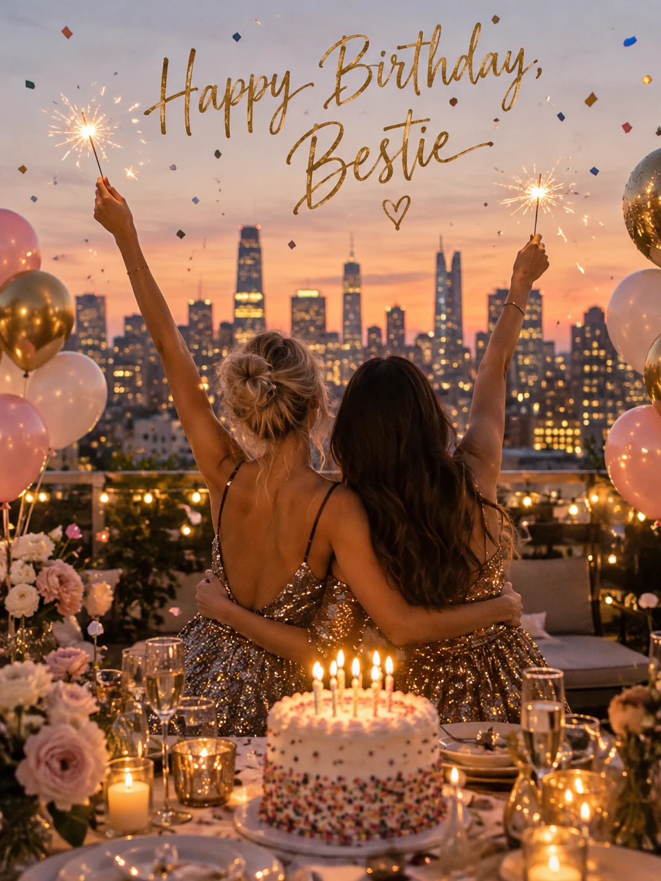 Birthday card for best friend: two friends with sparklers on a city rooftop at dusk, a sprinkle cake and balloons