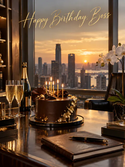 Birthday card for boss: an executive desk at sunset over a city skyline with a gold-leaf chocolate cake and candles