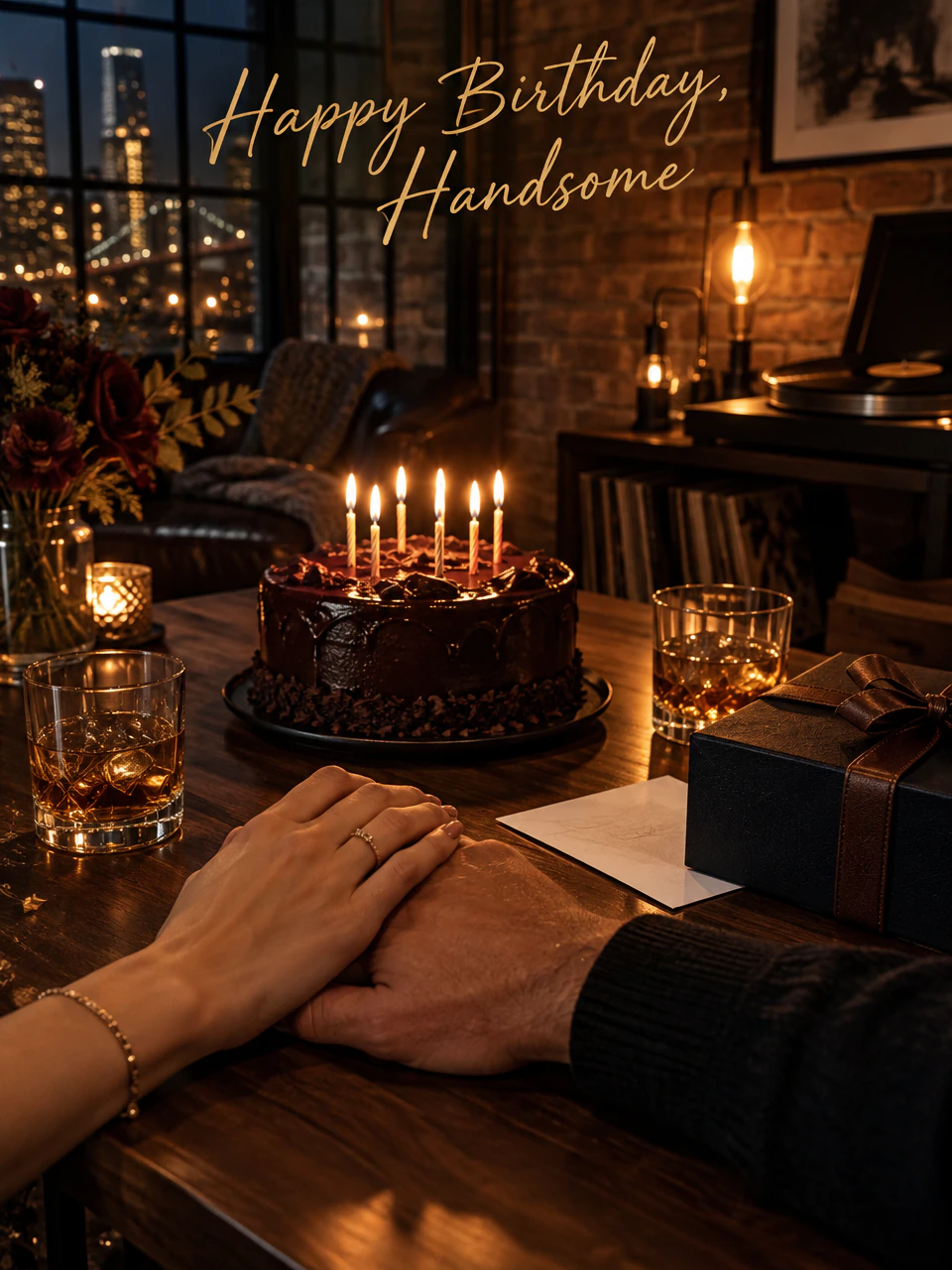 Birthday card for husband: hands on a table in a brick loft beside a candlelit chocolate cake and a wrapped gift