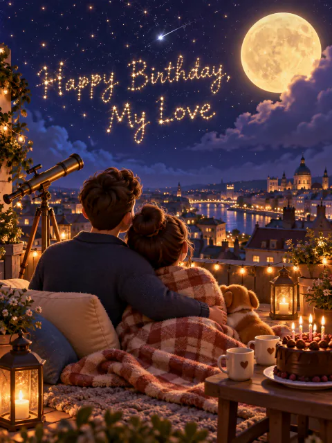 3D boyfriend birthday card: a couple under a blanket on a rooftop with a telescope, Happy Birthday written in stars