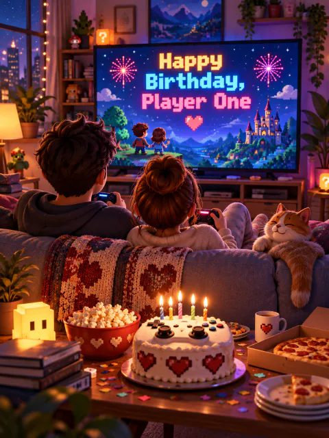 Gamer birthday card for boyfriend: a 3D couple playing video games with a pixel-heart cake, Happy Birthday, Player One