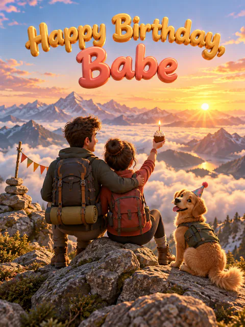 Birthday card for an outdoorsy boyfriend: 3D hikers on a summit above the clouds with a cupcake and a party-hat dog