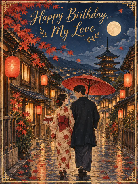 Illustrated birthday card for boyfriend: a couple under a red umbrella on a lantern-lit Kyoto street carrying a cake