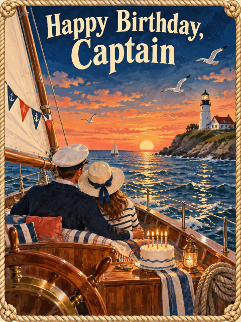 Vintage poster birthday card for him: a couple on a sailboat at sunset with a cake, titled Happy Birthday, Captain