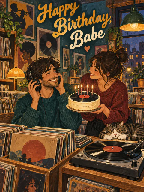 Music lover's birthday card for boyfriend: a record store and a cake shaped like a vinyl record