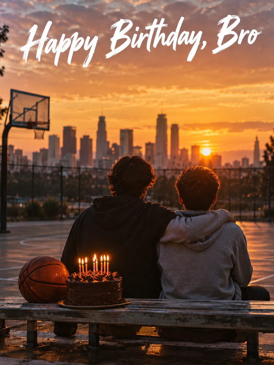 Birthday card for brother: two brothers on a bench by a basketball court at sunset with a candlelit chocolate cake