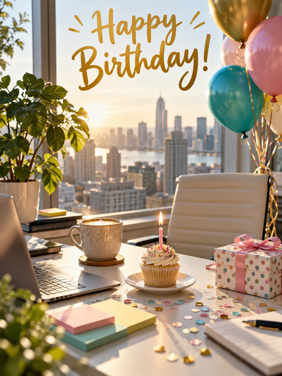 Birthday card for coworker: a sunny office desk with a one-candle cupcake, a latte, a gift and balloons
