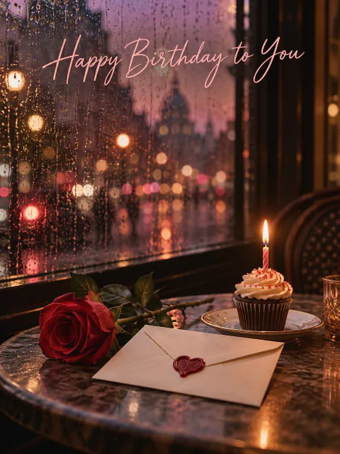 Birthday card for crush: a rainy cafe window, a cupcake with one candle, a red rose and a heart-sealed envelope