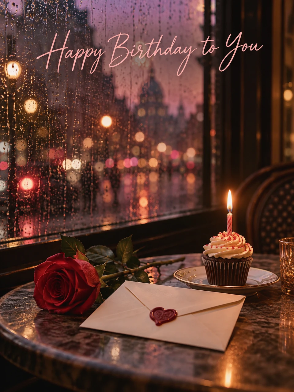 Birthday card for crush: a rainy cafe window, a cupcake with one candle, a red rose and a heart-sealed envelope