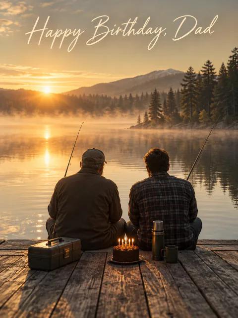 Birthday card for dad: two men fishing from a dock on a misty lake at sunrise with a small candlelit cake