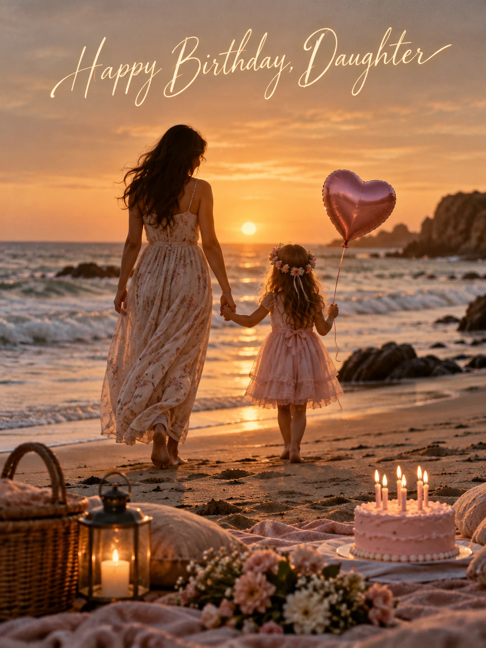 Birthday card for daughter: a mother and little girl walking hand in hand on a beach at sunset with a heart balloon