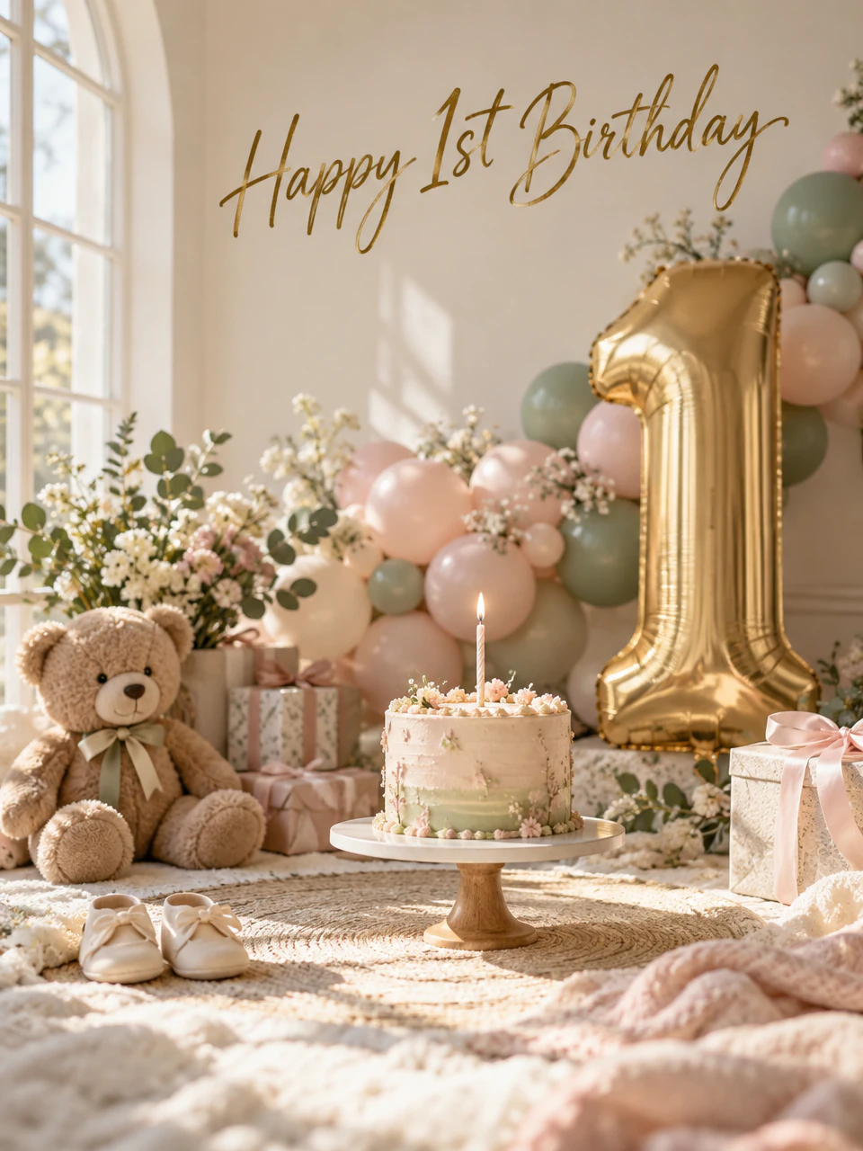 First birthday card: a nursery with a gold number one balloon, a pastel balloon arch, a teddy bear and a one-candle cake