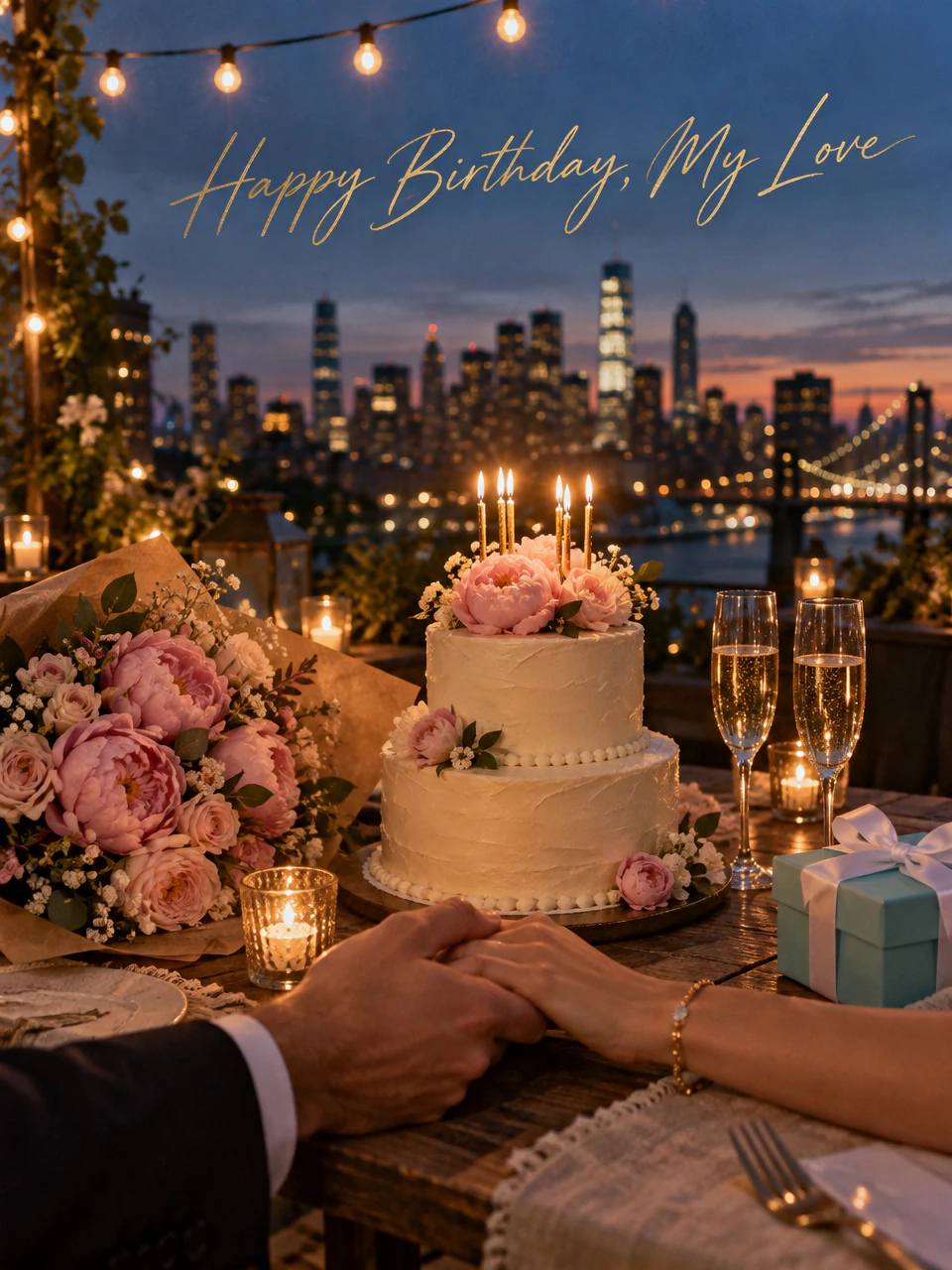 Birthday card for girlfriend: hands held across a candlelit rooftop table with a cake and the Manhattan skyline