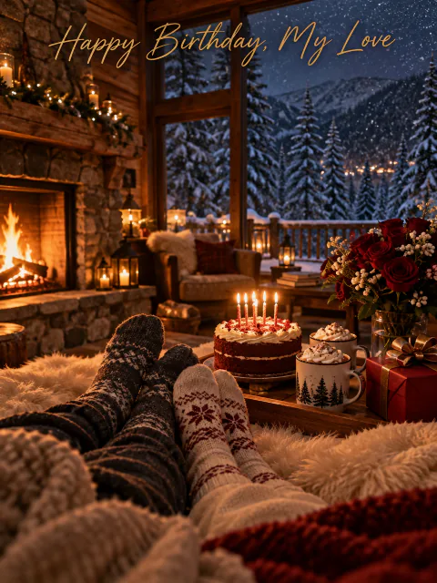 Cozy girlfriend birthday card: socked feet by a cabin fireplace with red velvet cake and hot cocoa