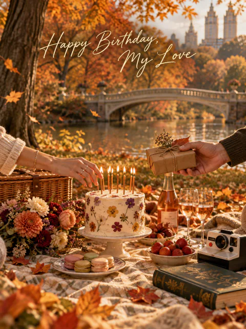 Autumn birthday card for her: a Central Park picnic with a flower cake, macarons and a gift being handed over
