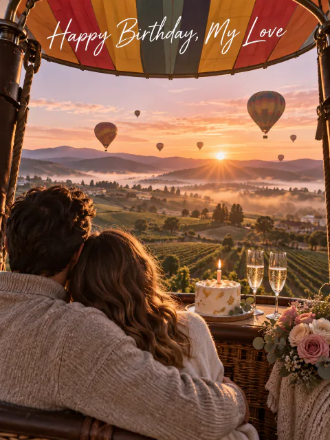 Birthday card for girlfriend: a couple in a hot air balloon at sunrise over misty vineyards with cake and champagne