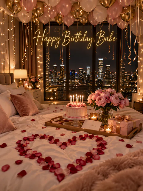 Surprise birthday card for girlfriend: a bed with a heart of rose petals, a breakfast tray with cake and balloons