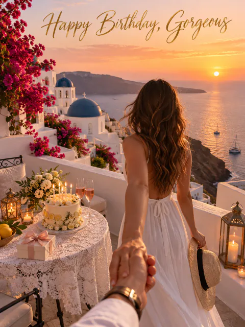 Santorini birthday card for her: a woman leading her partner to a blue-domed terrace with cake at sunset