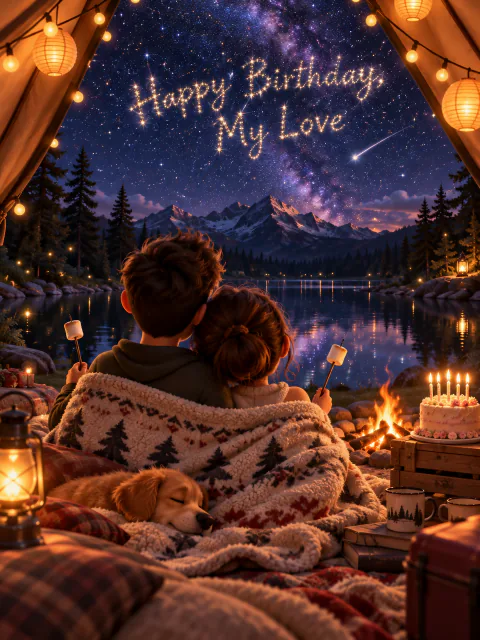 3D girlfriend birthday card: a couple toasting marshmallows by a lakeside campfire under the Milky Way