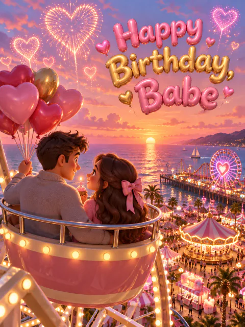 Birthday card for girlfriend: a 3D couple in a Ferris wheel car above a seaside carnival with heart fireworks
