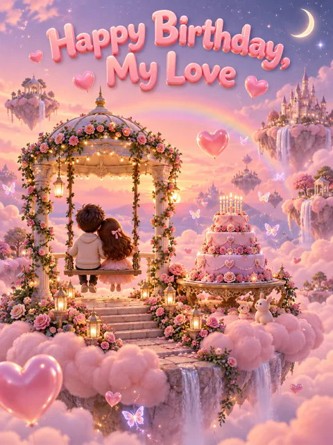 Dreamy birthday card for her: a 3D couple on a flower gazebo swing on a cloud island with a pink tiered cake