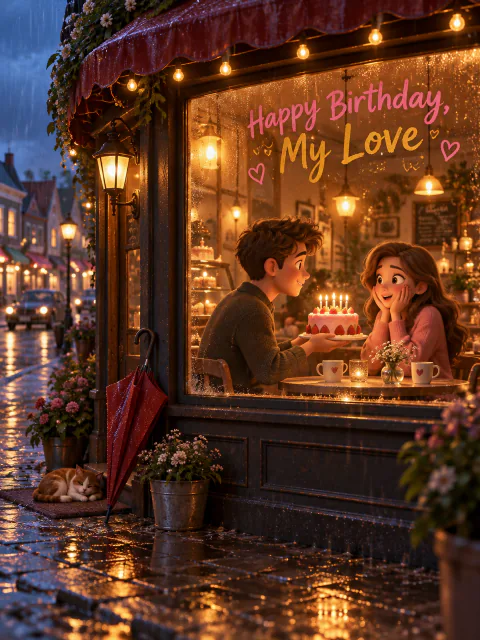 Girlfriend birthday card with a 3D couple sharing cake in a rainy cafe, Happy Birthday, My Love on the window