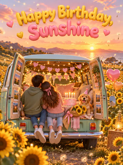 Birthday card for girlfriend: a 3D couple in a mint camper van in a sunflower field, reading Happy Birthday, Sunshine
