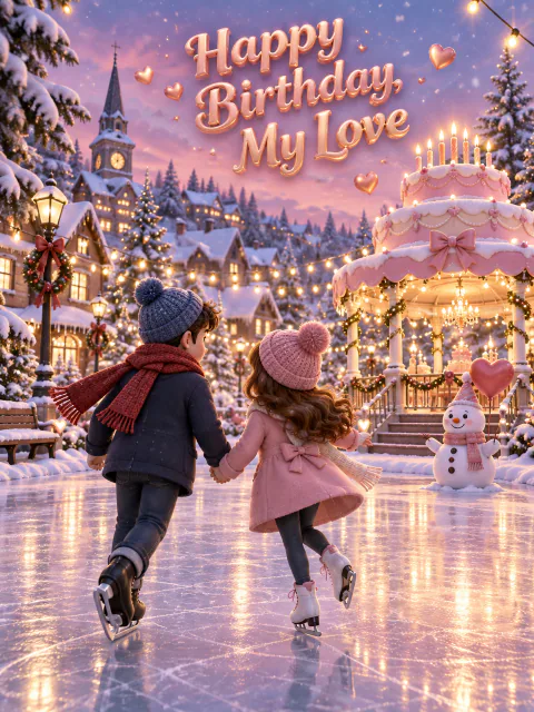 Winter birthday card for her: a 3D couple ice skating through a snowy village square with a giant cake