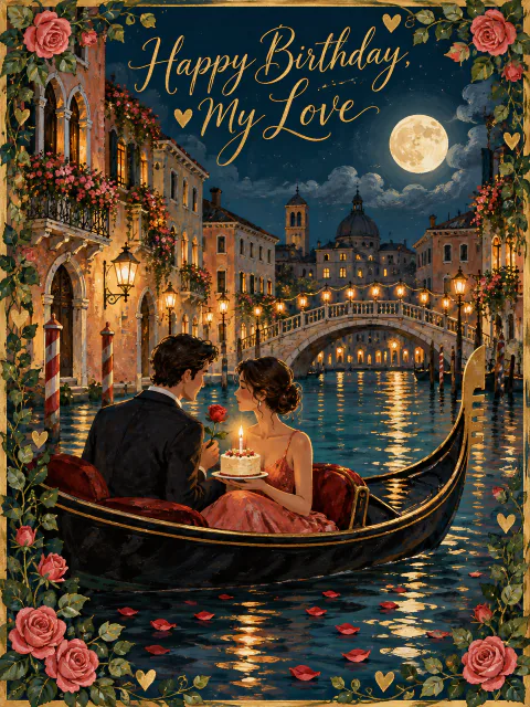 Illustrated girlfriend birthday card: a couple in a gondola on a moonlit Venice canal with a candlelit cake