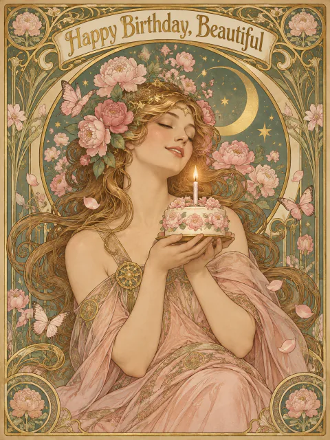 Art Nouveau birthday card for girlfriend: a woman with flowers in her hair holding a cake with one candle