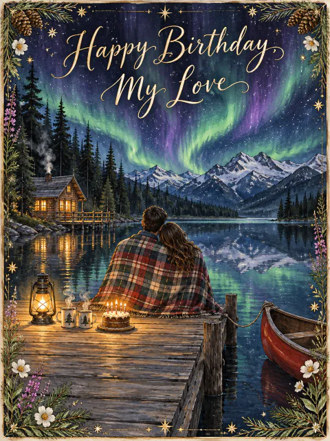 Birthday card for her: an illustrated couple under a blanket on a dock watching the northern lights with a cake