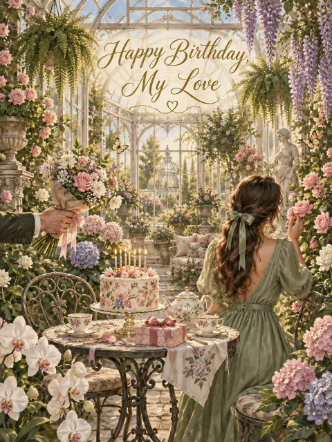 Illustrated girlfriend birthday card: a greenhouse full of flowers, a cake and tea, and a hand offering a bouquet