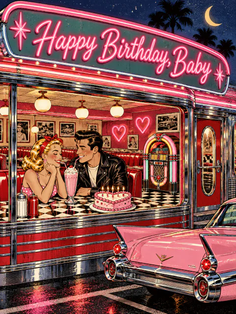 Retro birthday card for girlfriend: a 1950s neon diner with a couple sharing a milkshake and cake, a pink Cadillac outside