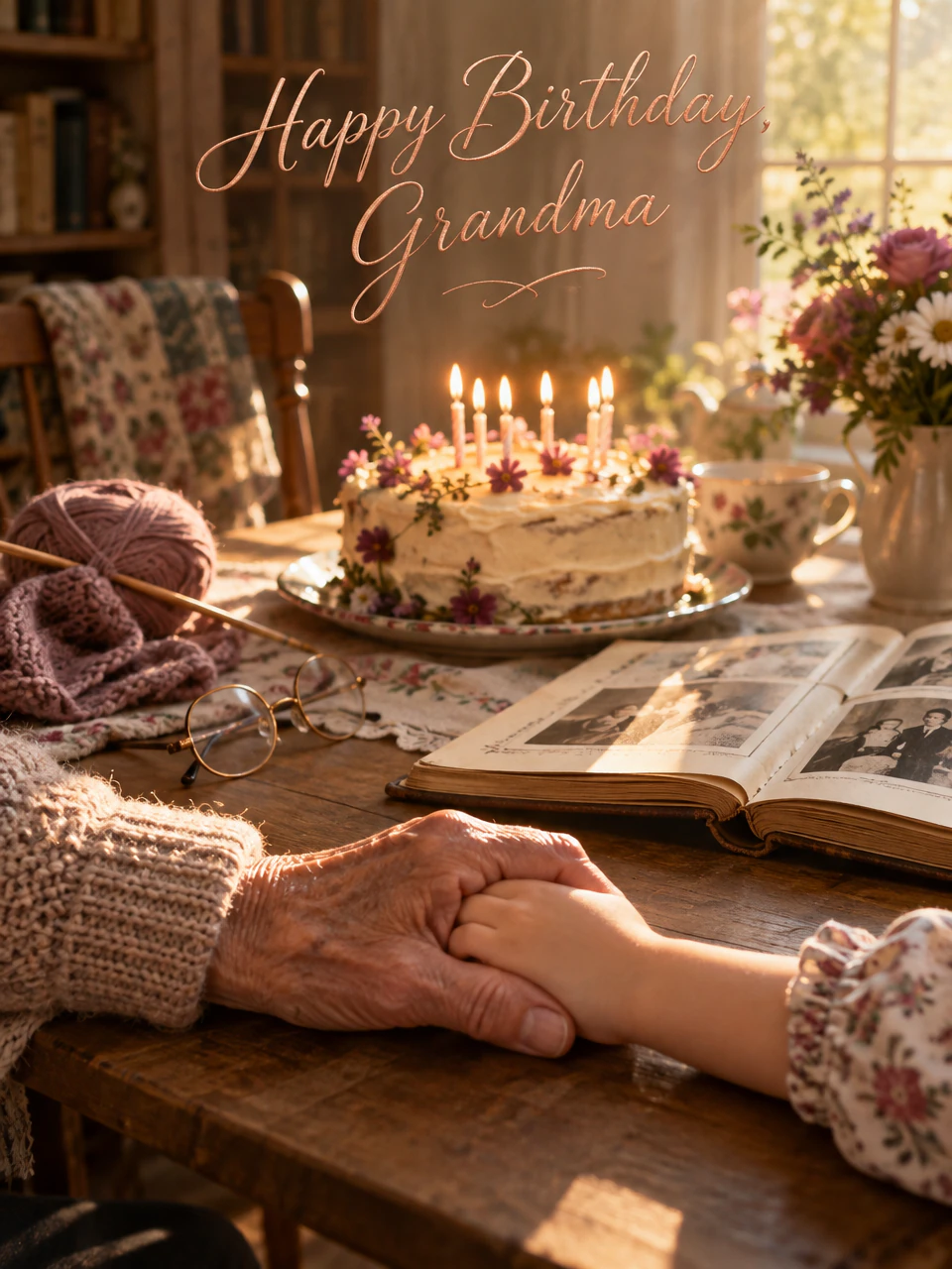 Birthday card for grandma: a grandmother holding a child's hand beside a flower cake, knitting and an old photo album