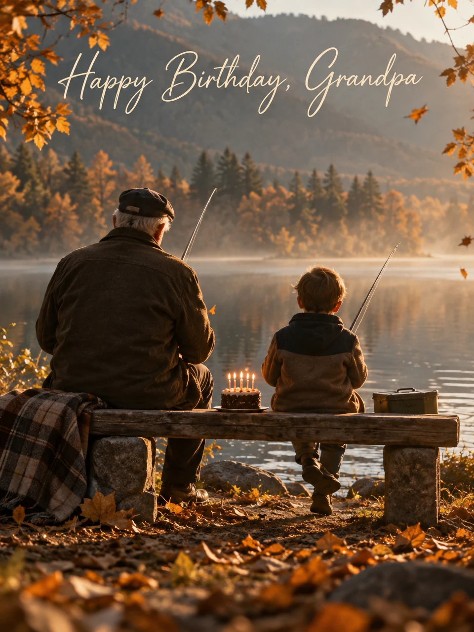 Birthday card for grandpa: a grandfather and grandson fishing by a misty autumn lake with a small candlelit cake