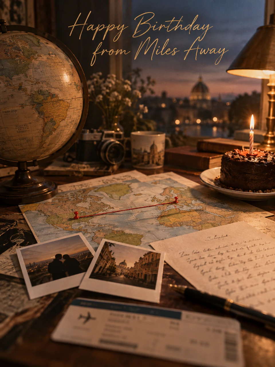 Long distance birthday card: a desk with a globe, a map pinned in two places, a plane ticket and a one-candle cake