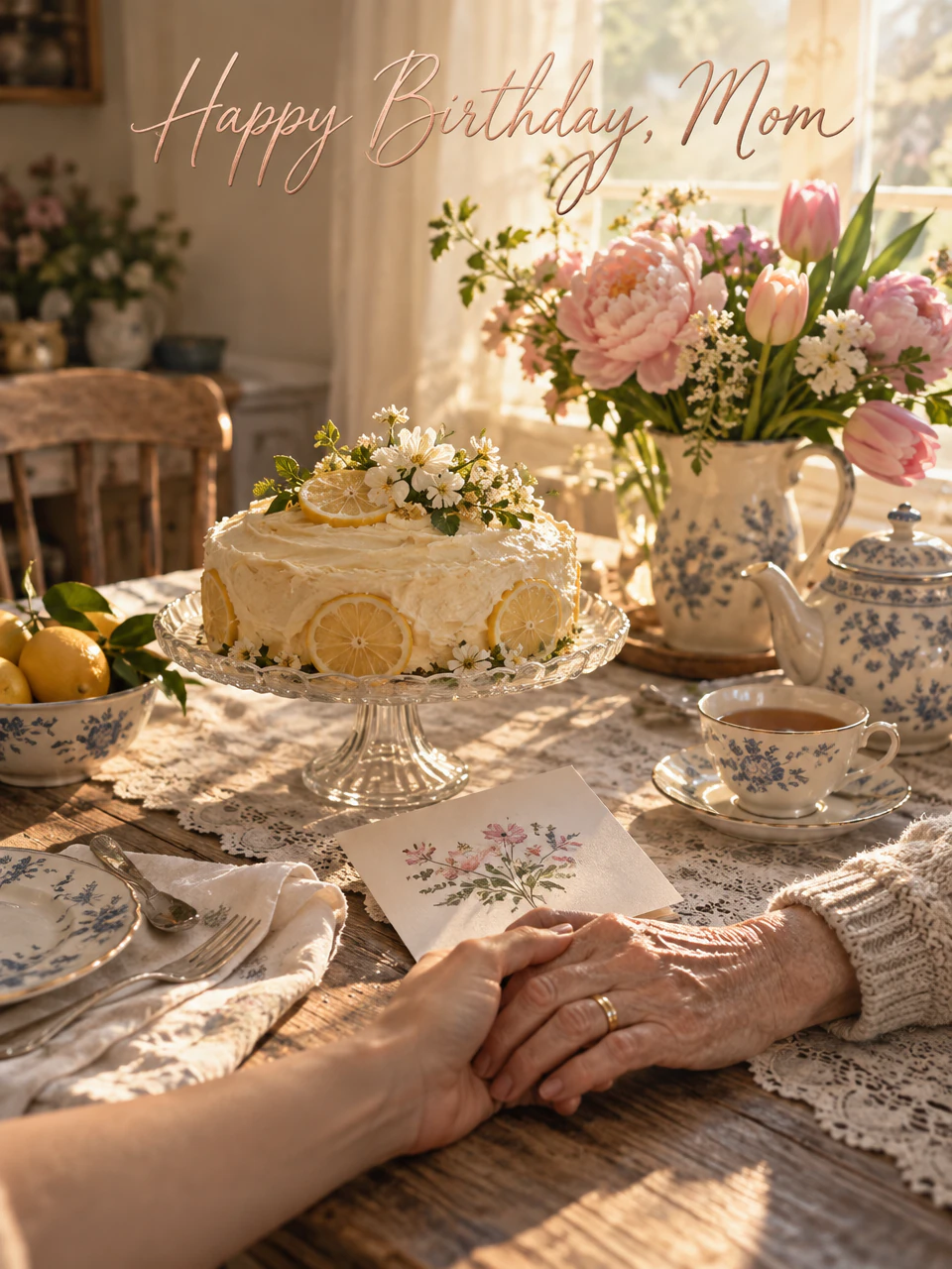 Birthday card for mom: a sunlit kitchen table with a lemon cake, peonies in a jug, tea and two hands resting together