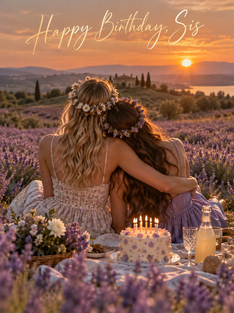 Birthday card for sister: two sisters in flower crowns in a lavender field at sunset with a candlelit cake