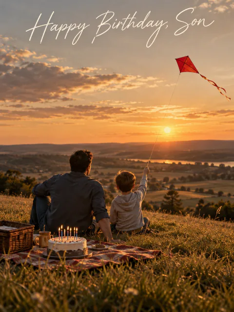 Birthday card for son: a father and young son on a grassy hill at sunset flying a red kite beside a birthday cake