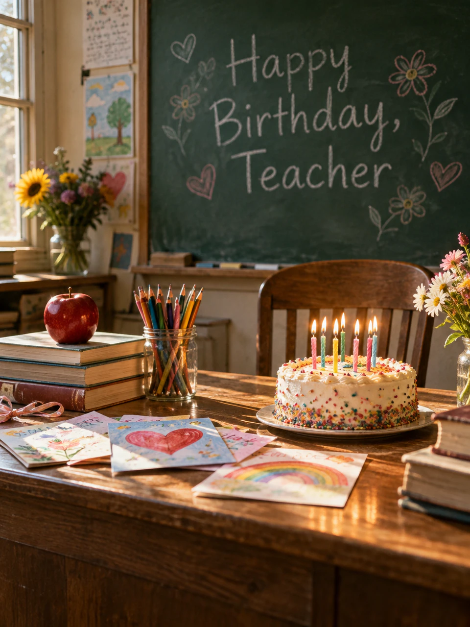 Birthday card for teacher: a classroom desk with a sprinkle cake, an apple on books and a chalkboard birthday message